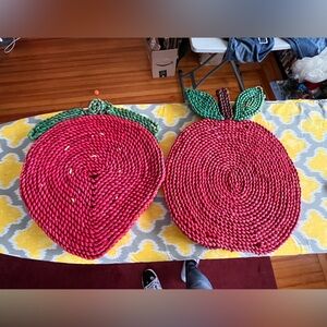 Red Apple & Strawberry Shaped Woven Placemats/Trivets with Green Leaves